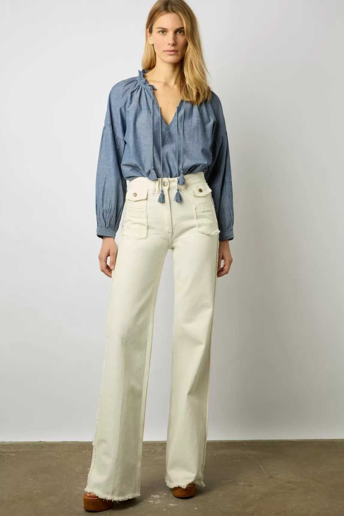 Gerard Darel Blouse Chambray A Pompons Chambray - Adele Online