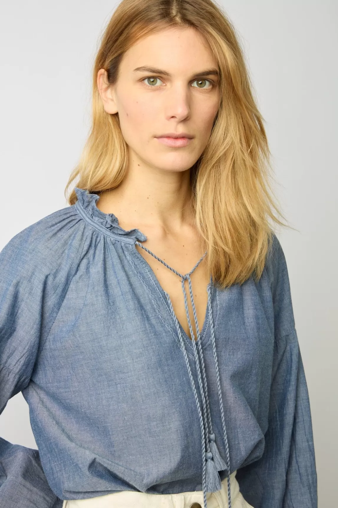 Gerard Darel Blouse Chambray A Pompons Chambray - Adele Online