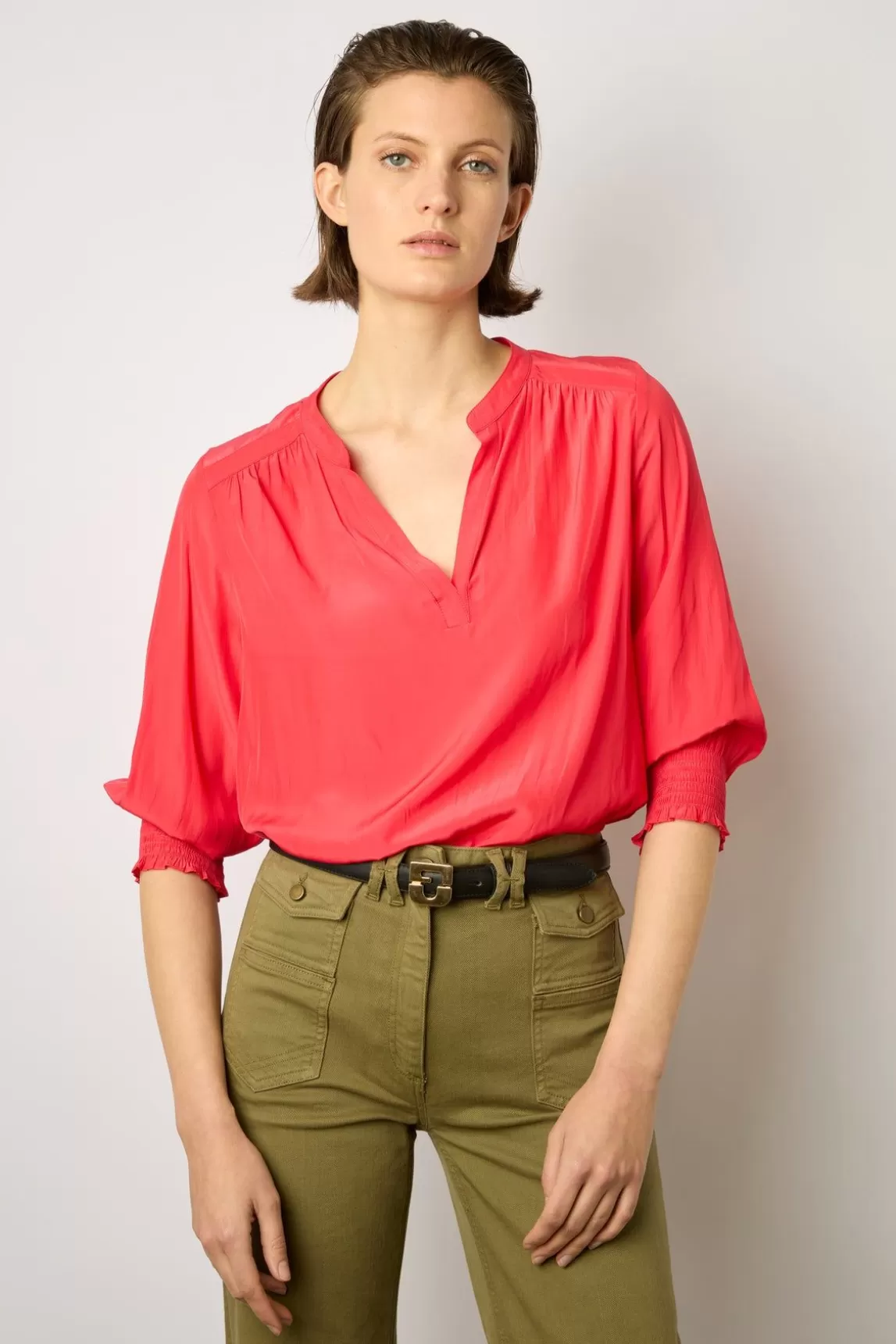 Gerard Darel Blouse Satinee Froncee Corail - Angela Clearance