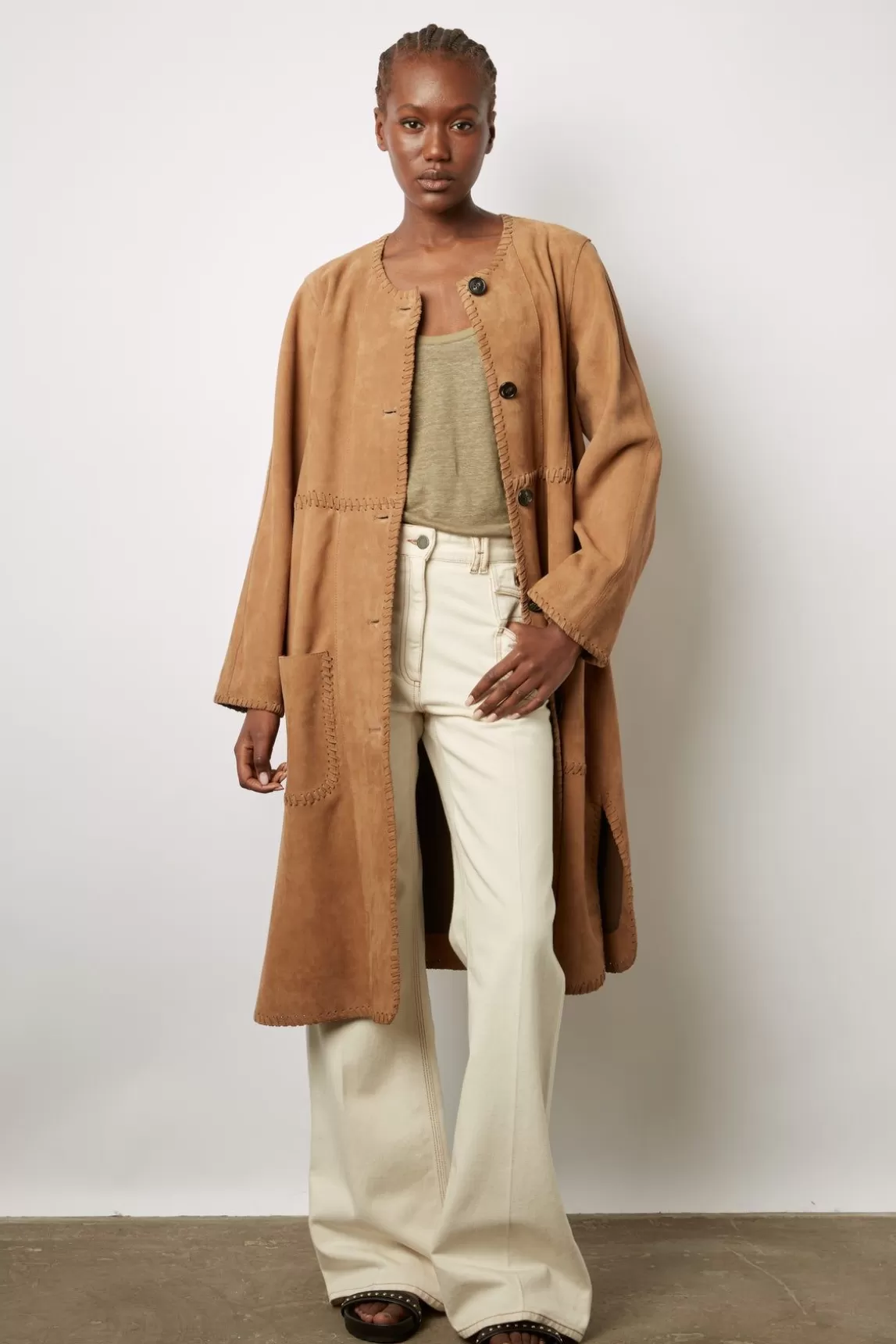 Gerard Darel Manteau Long En Cuir Velours Camel - John Shop