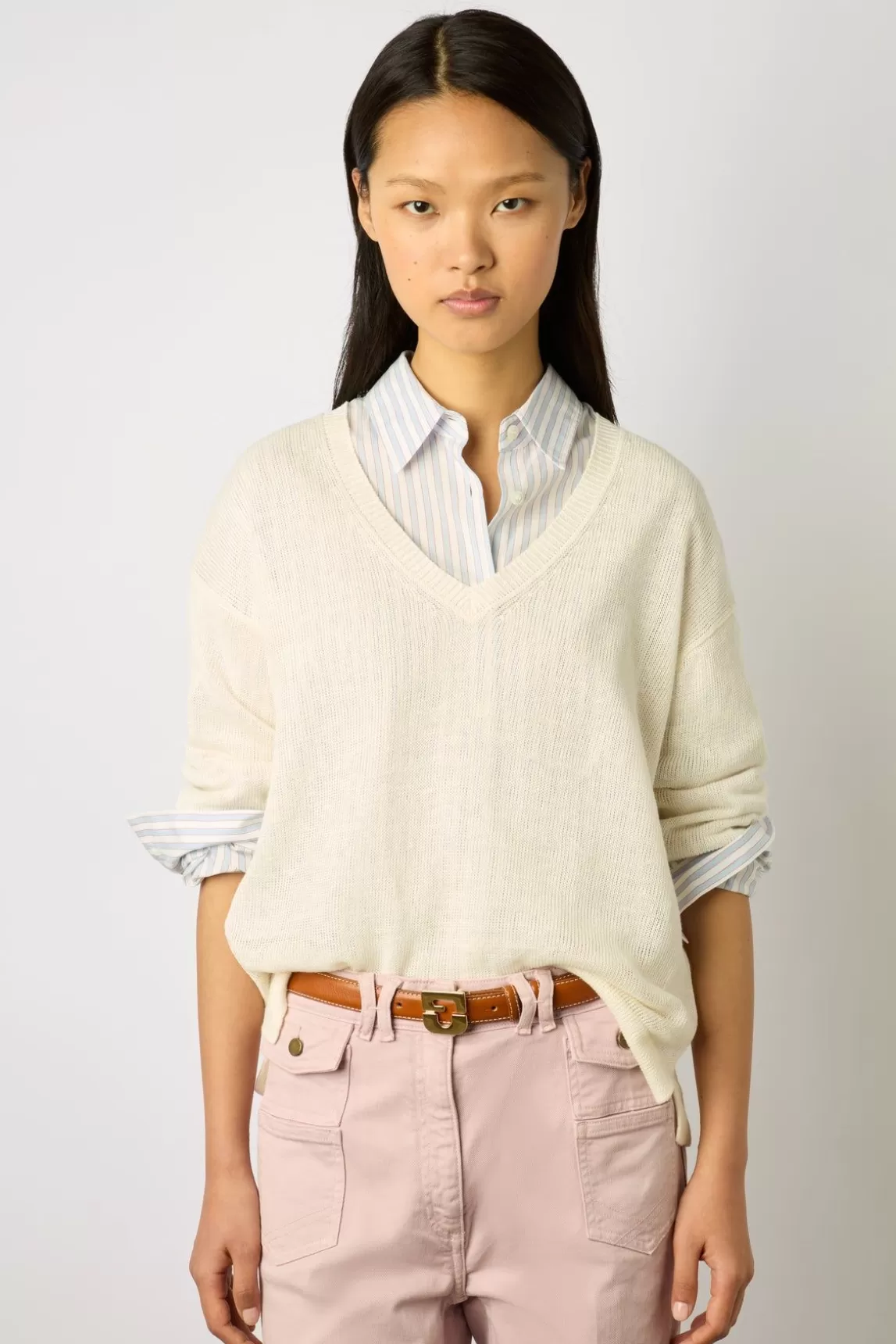 Gerard Darel Pull Col V En Lin Ecru - Lee Discount