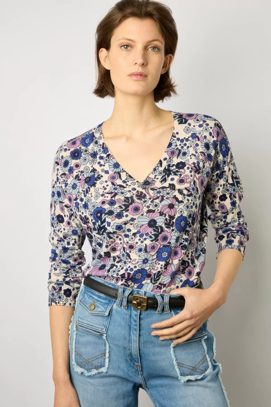 Gerard Darel Pull V Fleurs Lin Et Coton Naturel - Lylou Cheap