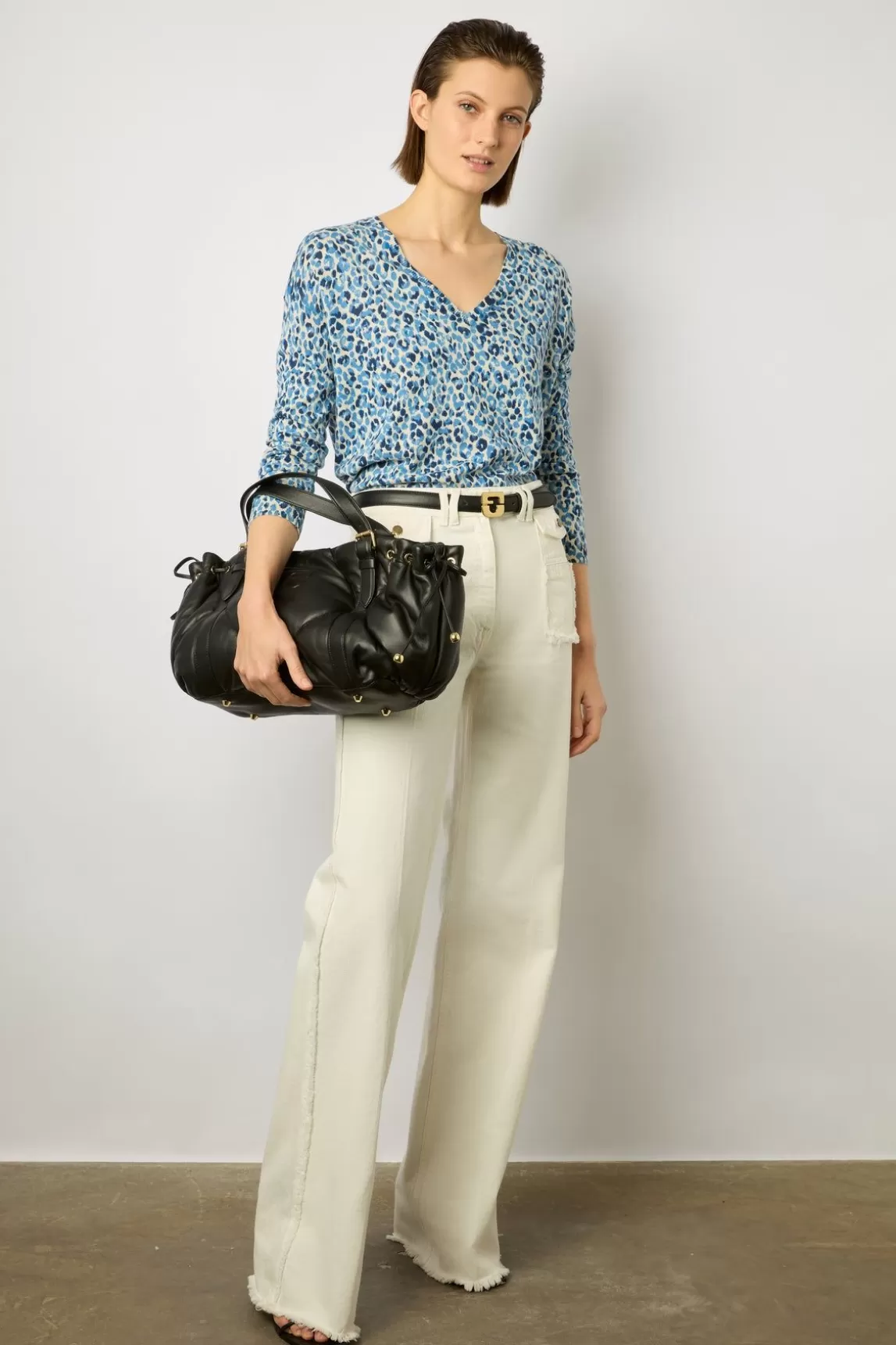 Gerard Darel Pull V Leopard Lin Coton Indigo - Lauralie Sale