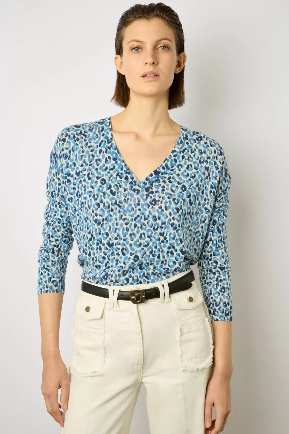 Gerard Darel Pull V Leopard Lin Coton Indigo - Lauralie Sale