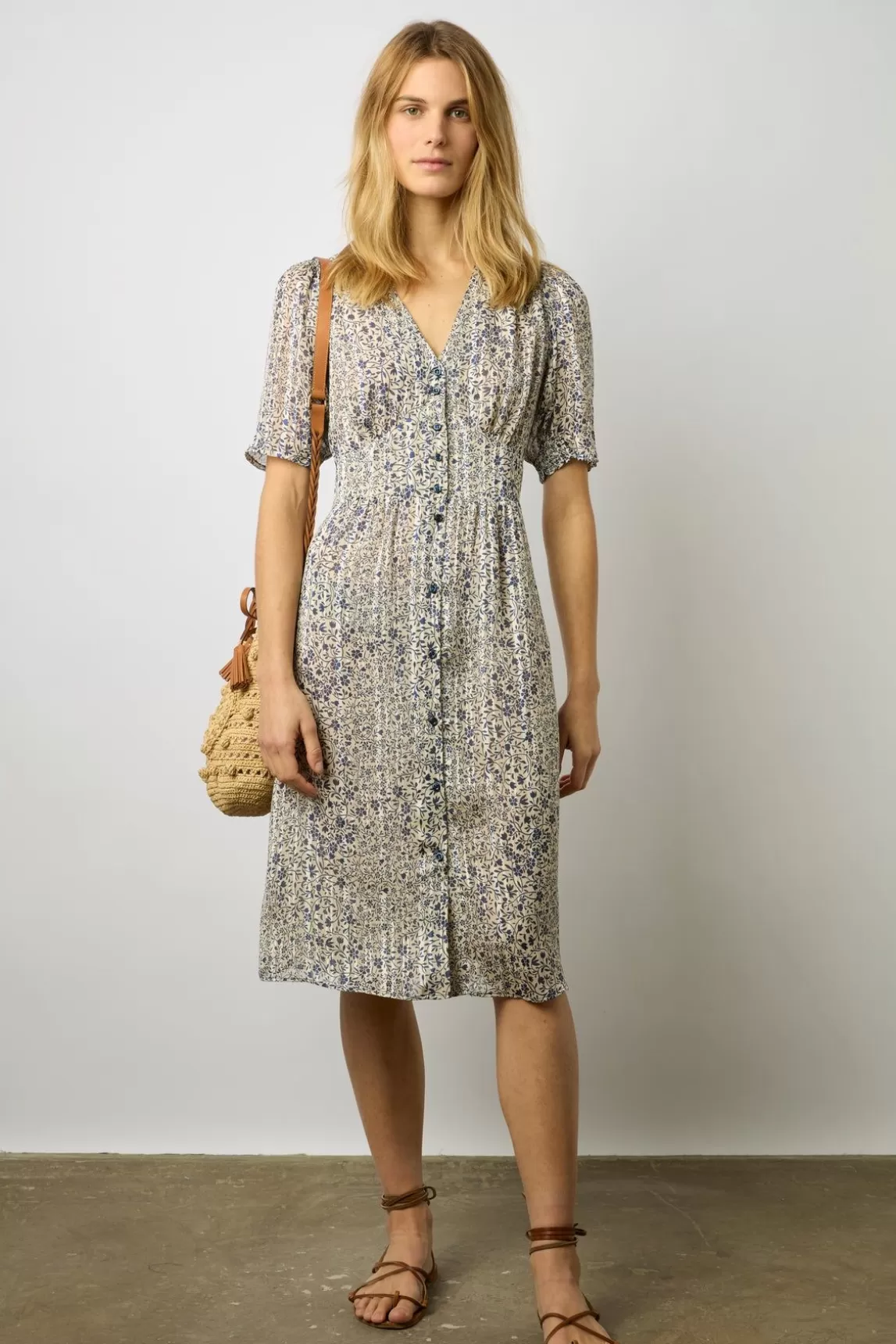 Gerard Darel Robe Cintree A Fleurs Lurex Ecru - Elichevy Flash Sale