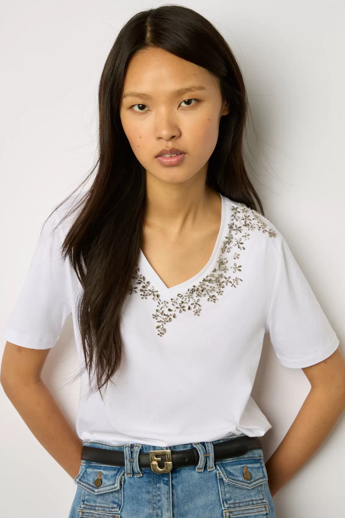 Gerard Darel Tshirt En Coton A Strass Ecru - Malie Sale