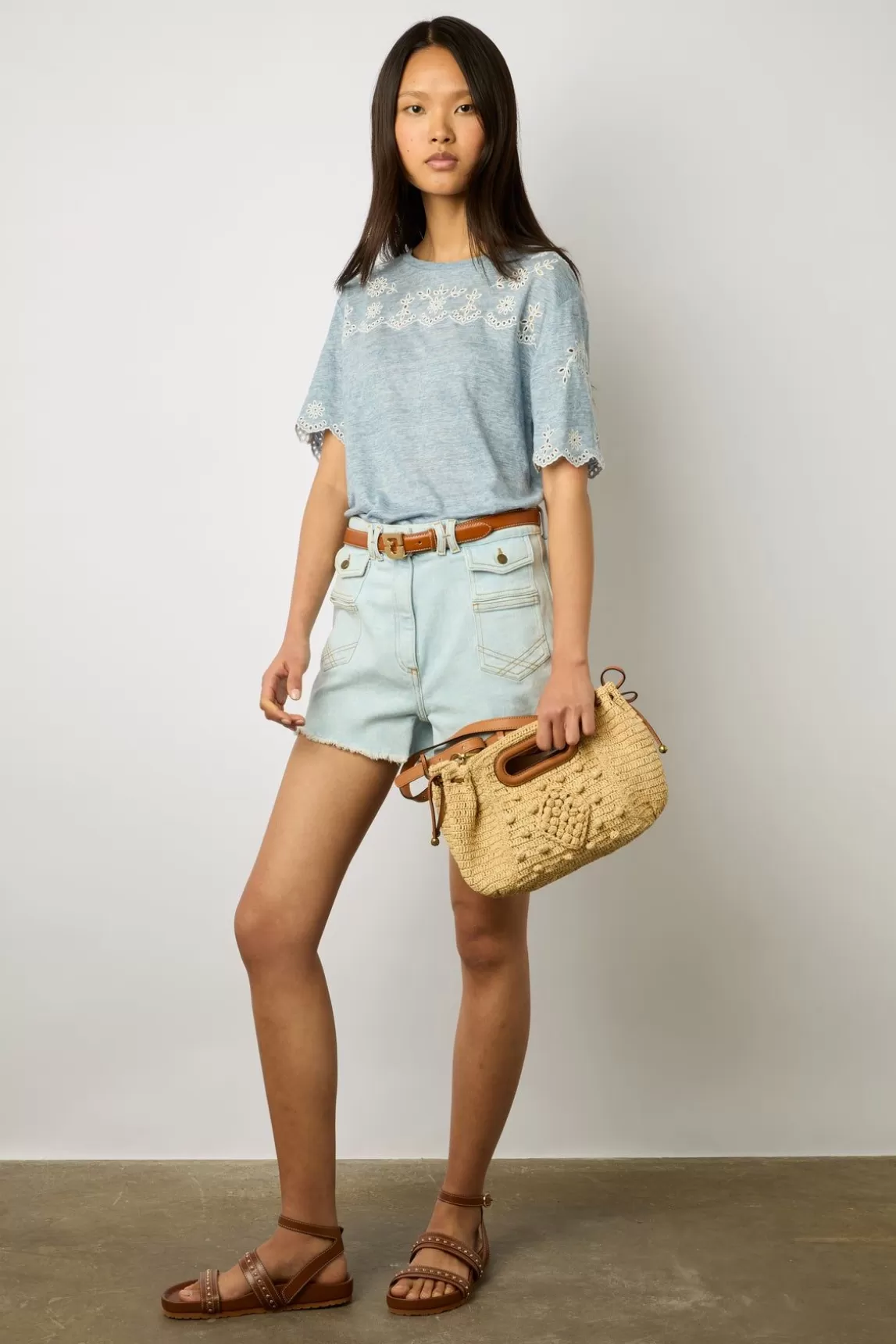 Gerard Darel Tshirt En Lin A Broderie Bleu Ciel - Manika Flash Sale