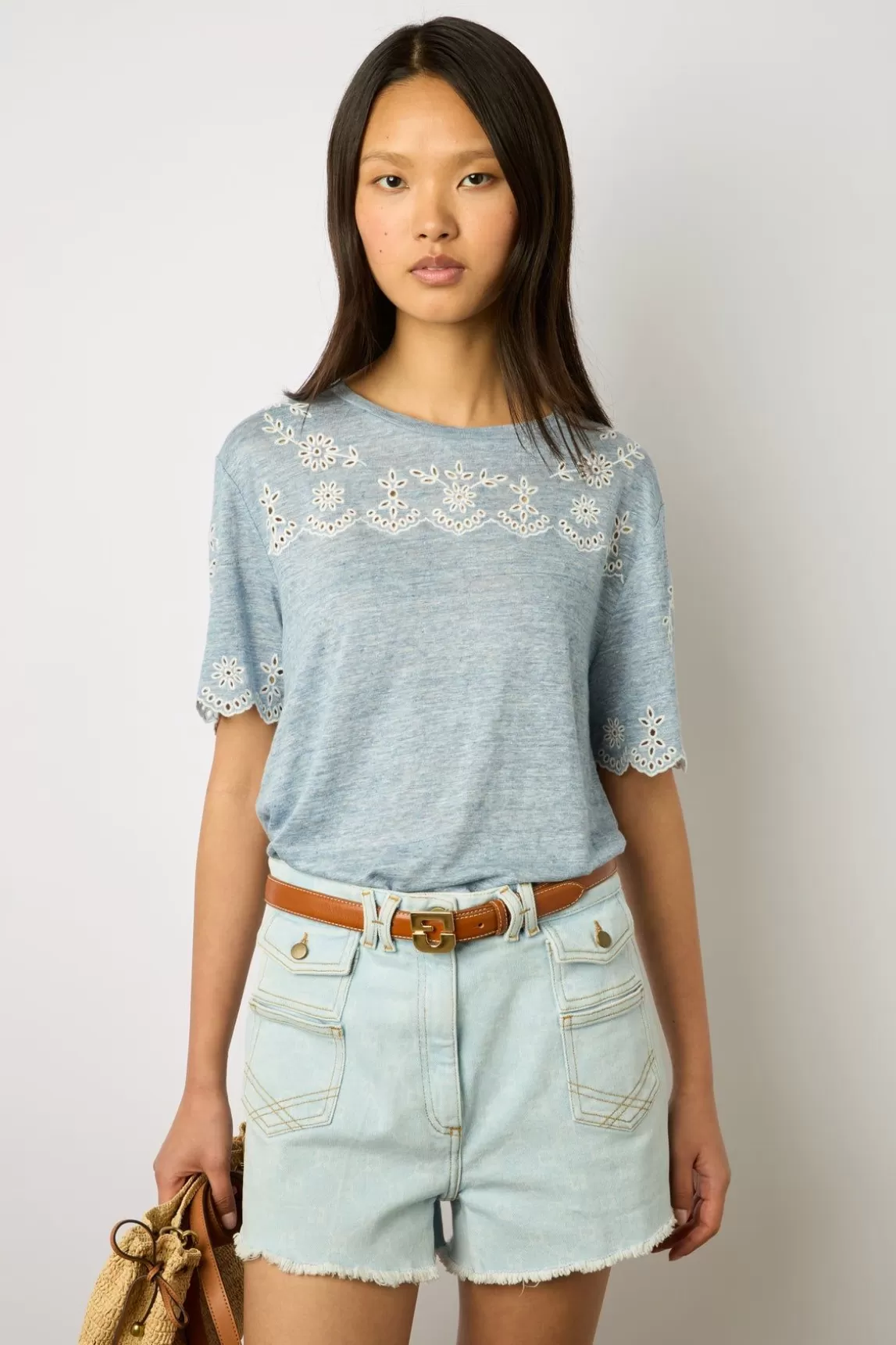 Gerard Darel Tshirt En Lin A Broderie Bleu Ciel - Manika Flash Sale